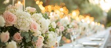 The Wedding Banquet In The Olive Grove Corner Table Is Adorned With Roses And Hydrangeas, Creating A Light And Elegant Ambiance In White And Pink Hues.