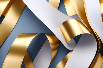 Wall Mural - Elegant Fashion Aesthetics: 3D renderings of abstract fashion backgrounds folded in gold ribbons, paper striped macros, ornate gold leaf scrolls generative ai