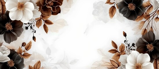 Canvas Print - Abstract brown and white flowers on white backdrop with a light black flower frame, brown leaf texture, black background, and a white banner of happiness for Valentine's Day.