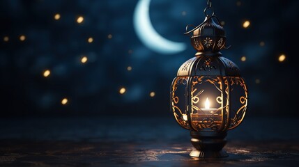 Wall Mural - Ramadan Kareem background banner. Islamic Greeting Cards for Muslim Holidays and Ramadan. Blue banner with moon and lantern.