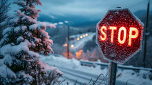 Low Angle View - Stop Sign - Headlights - Mountains - Snow - Winter - Ice - Neon - Glowing 