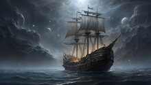 Illustration Of A Ship Sailing At Night
