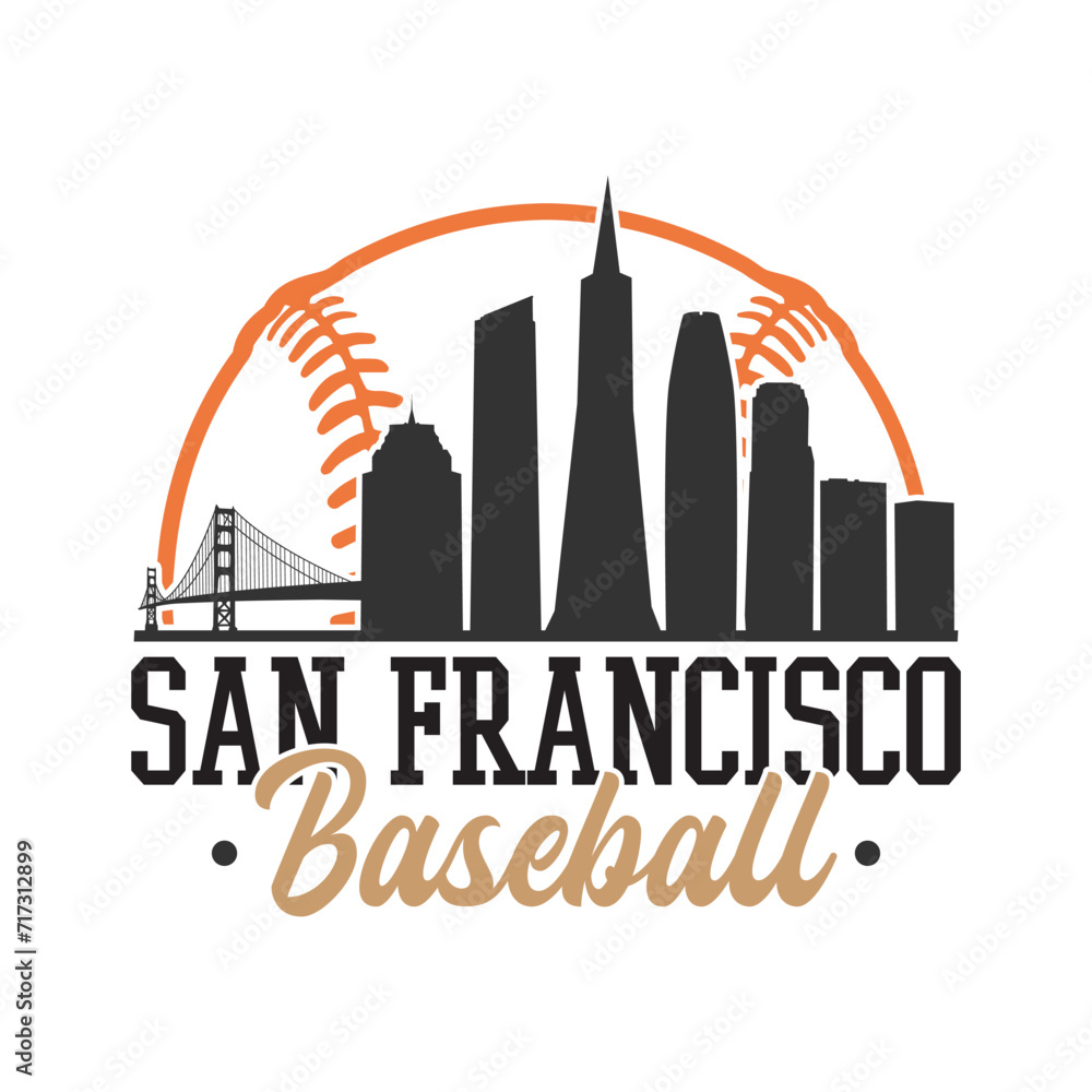 San Francisco, CA, USA Baseball Skyline City Silhouette Vector. Softball Design Style Icon Symbols. Sport America Ball.