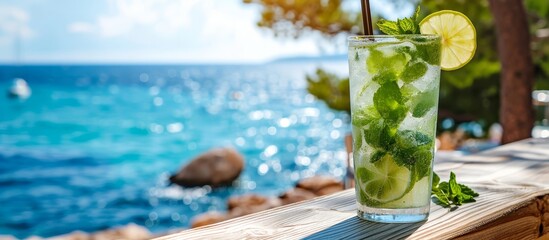 Wall Mural - Mojito cocktail on terrace overlooking blue sea. Refreshing drink on sunny day at seaside cafe.