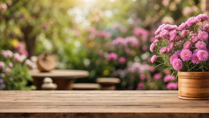 empty wooden table for product display with aster garden background