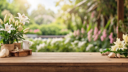 empty wooden table for product display with lily garden background