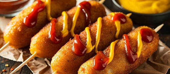 Wall Mural - Homemade corn dogs with a crispy crust, served with ketchup and mustard.