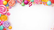 candy shop frame template background with set of different colors of candy, jelly beans, lollipop