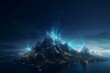 Abstract digital landscape with blue mountain, light flare, shimmering particles. 3D rendering. Generative AI