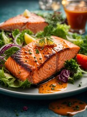 Wall Mural - Salmon fillet steak with veggies in cinematic food photography mode, studio lighting and background