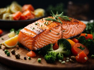 Wall Mural - Salmon fillet steak with veggies in cinematic food photography mode, studio lighting and background