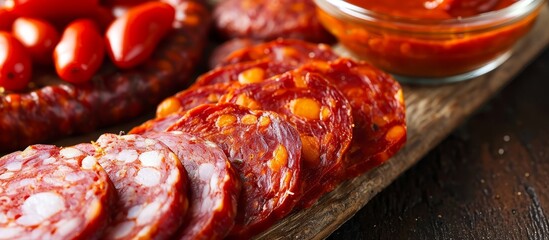 Wall Mural - Close-up of Spanish tapas featuring chorizo sausage and tomato paste.
