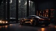 side view of black sport car in a dark luxury house Cinematic lighting generative ai
