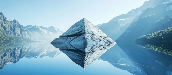Wall Mural - balanced stone pyramid reflected in mirror-like mountain lake, surrounded by blue mountains.