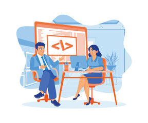 Wall Mural - two young designers work at a software development company. developing programming and coding techno
