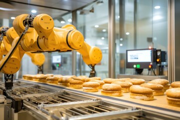 Canvas Print - A robot is working on a conveyor belt with a line of bread. Generative AI.