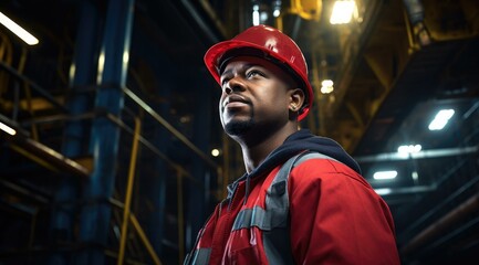 Poster - An african american man in a red hard hat. Generative AI.