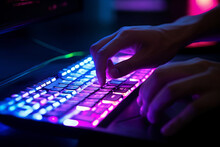 Working On A Neon Computer Keyboard With Colored Backlighting. Computer Video Games, Hacking, Technology, Internet Concept. Selected Focus, Generative AI 