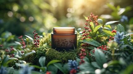 herbal moisturizer jar of cosmetic moisturizer cream on nature background. organic natural ingredien