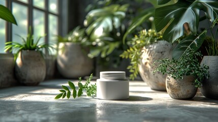 Herbal Moisturizer jar of cosmetic moisturizer cream on nature background. Organic natural ingredients beauty product among green plants. Skin care, beauty and spa product presentation, copy space.