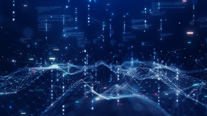 Leinwandbilder - Digital information technology concept. Cybersecurity and protection system from online crime threats. Data Analytics or Data Science. Binary code polygons connected on dark blue background.