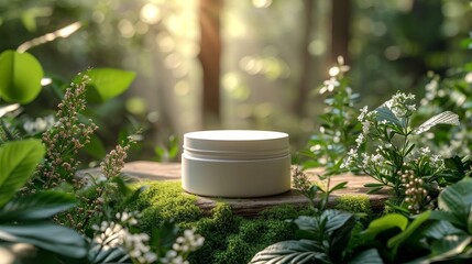 Wall Mural - Herbal Moisturizer jar of cosmetic moisturizer cream on nature background. Organic natural ingredients beauty product among green plants. Skin care, beauty and spa product presentation, copy space.