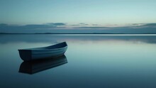 Silhouette Of A Small Boat Floating On A Calm Lake Surface In The Dim Light
