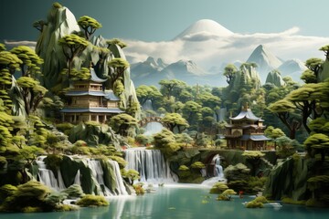 Wall Mural - Isolated Island Haven with Towering Trees, Rolling Hills, and a Scenic Waterfall, on an isolated Mint Green background, Generative AI
