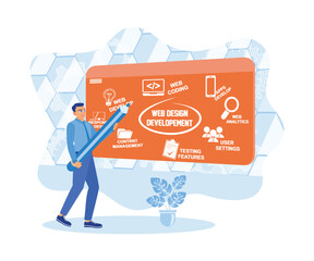 Wall Mural - intelligent man making website design using giant pencil on board. web design and development concep
