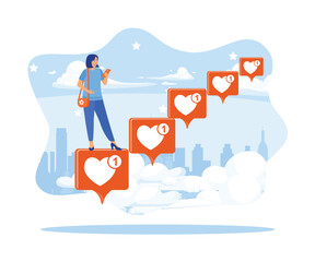 Wall Mural - a young woman stands on the instagram icon with a city view background. typing on instagram using a 