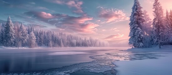 Wall Mural - stunning winter scene: vast icy lake, snow-covered, amidst picturesque forest and sunset sky.