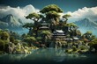 Secluded Island Retreat with Flourishing Trees, Mountain Peaks, and a Serene Waterfall, on an isolated Sea Green background, Generative AI