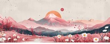 Watercolor Abstract Mountains. Aesthetic Minimalist Landscape With Mountain An Sun Or Moon, Boho Style. , Landscape Aesthetic Background Wallpaper.  Illustration For Prints Wall Arts And Canvas.