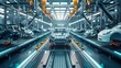 © Jennifer - Automated robotics futuristic electric cars factory production line as wide banners with statistics of production and efficiency as wide banner with copy space area - Generative AI