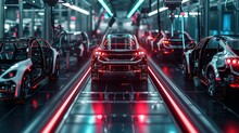 Automated Robotics Futuristic Electric Cars Factory Production Line As Wide Banners With Statistics Of Production And Efficiency As Wide Banner With Copy Space Area - Generative AI