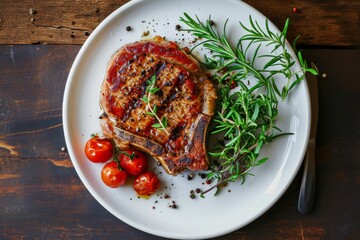 Steak on plate with tomatoes and rosemary.