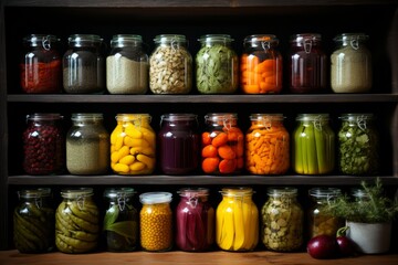 Pantry stocked with glass jars filled with homemade preserves and pickles, Generative AI