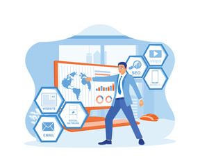 Wall Mural - businessman hand is pointing at the computer screen. display digital marketing graphics and icons on