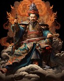 A colorful photorealistic asian king holding a sword, in the style of traditional animation, embroidery art, full body, confucian ideology,
