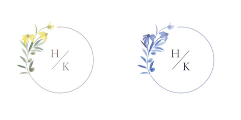 Wall Mural - minimalist botanical circle frame, cutleaf conflower and olive branch