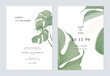 White and green minimalist Monstera leaves wedding invitation