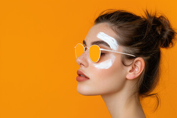 Wall Mural - Beautiful young woman with sun protection cream on her face against orange background, copy space