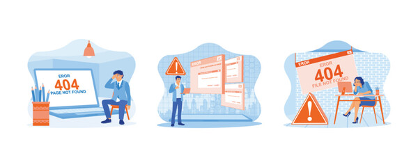 An angry programmer at work. 404 Error Page Not Found. Frustrated businesswoman. set flat vector modern illustration 