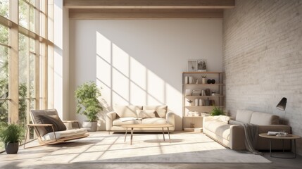 Wall Mural - A Minimalist interior design of Mid-century loft home in a clear loft modern living room in house in forest. a room with morning sunlight streaming through the window.