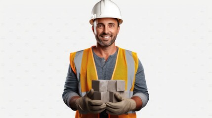Wall Mural - A Construction, portrait of confident builder holding bricks for wall, construction and design industry, civil engineer and architect.