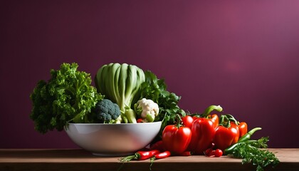 Poster - Fresh vegetable bowl on a table beside green potted plants in a cozy setting