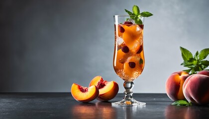 Poster - Close-up of a refreshing beverage in a glass with peaches and mint garnish, alongside fruit pieces on the table