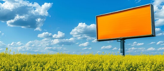 Canvas Print - Vacant billboard available for advertising on yellow rapeseed flower field.