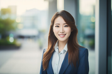 Happy young Asian business woman standing outside an office building in the city. Portrait of smiling professional businesswoman on blur office background. Professional manager in suit. Generative AI.