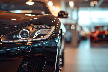 Wall Mural - Closeup new black car parked in luxury showroom. Car dealership office. New car parked in modern showroom. Car for sale and rent business. Automobile leasing and insurance background. Generative AI.